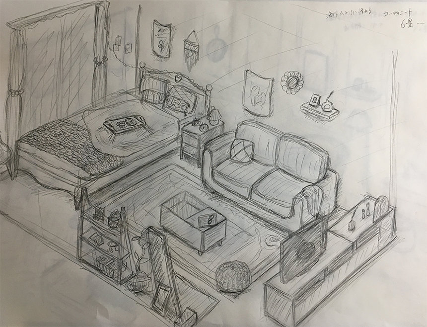 韓国インテリア風コーディネートのラフ画。竹内作